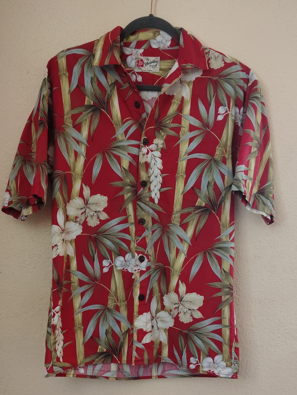 Hilo Hattie Red Bamboo & Floral Coconut Button-Front Camp Shirt Size Small